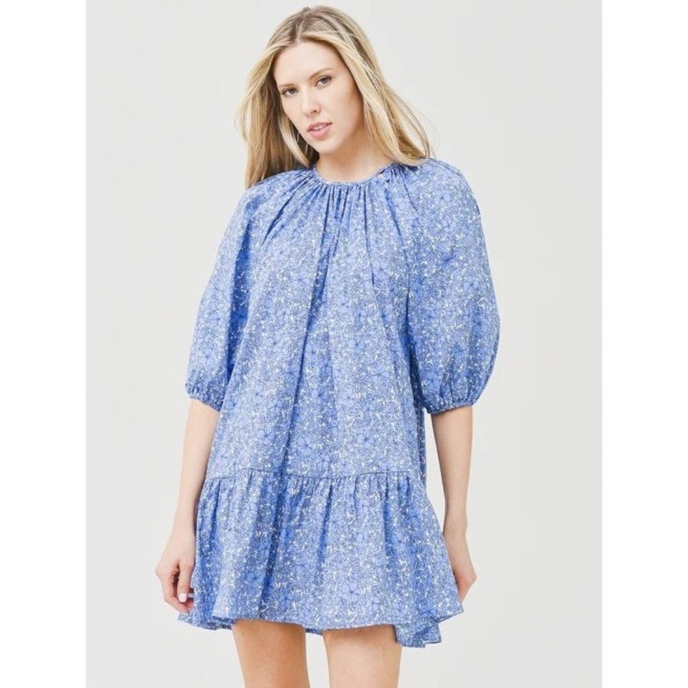 Deluc Womens Blue Angela Floral Mini‎ Dress Size XL 100% Cotton Puff Sleeve NWT
